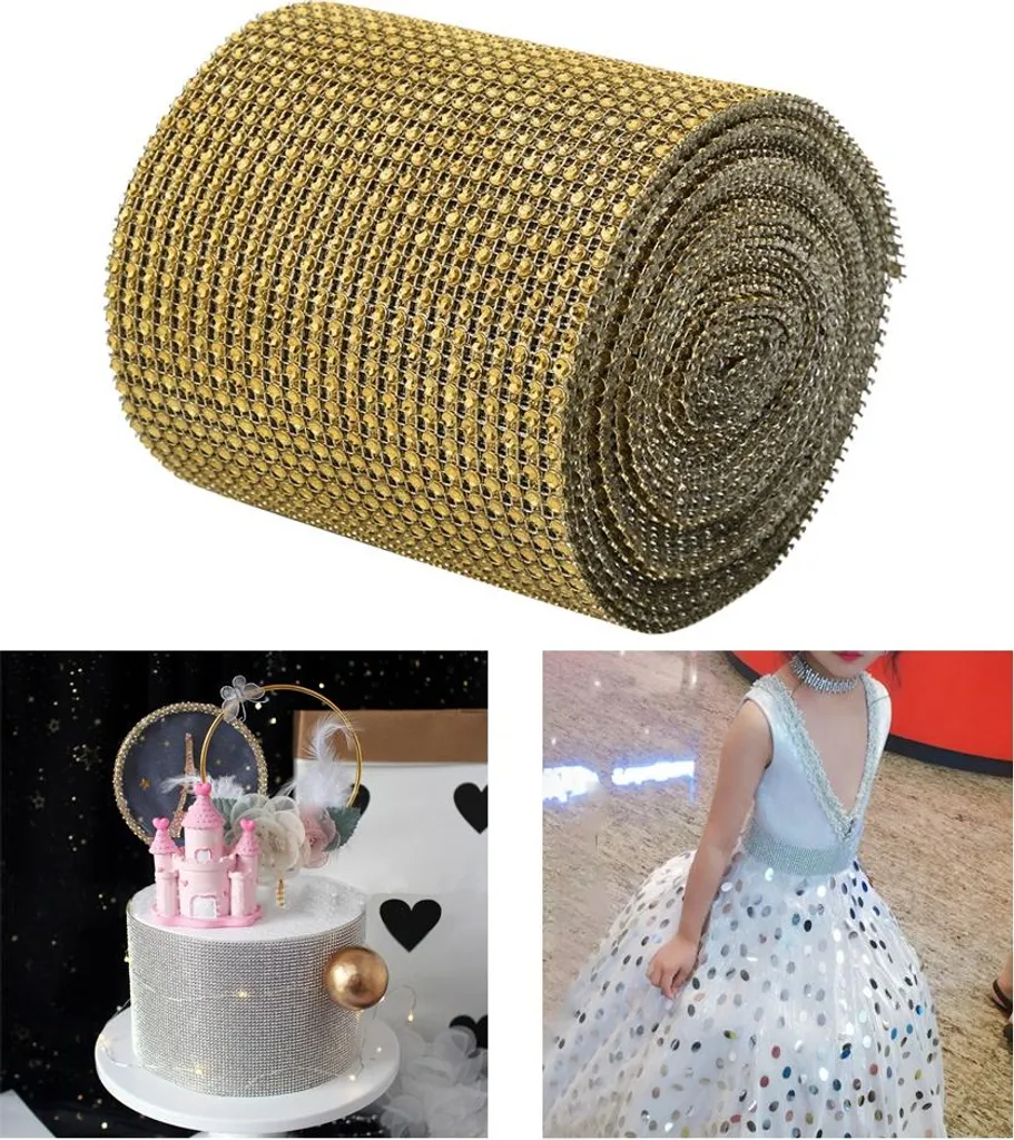Nastro Con Strass Floreali Oro - Rotolo 10,2 Cm X 9,1 M, 6 File Di Pietre, Per Decorazioni Matrimonio, Feste, Centrotavola, Torte - 3
