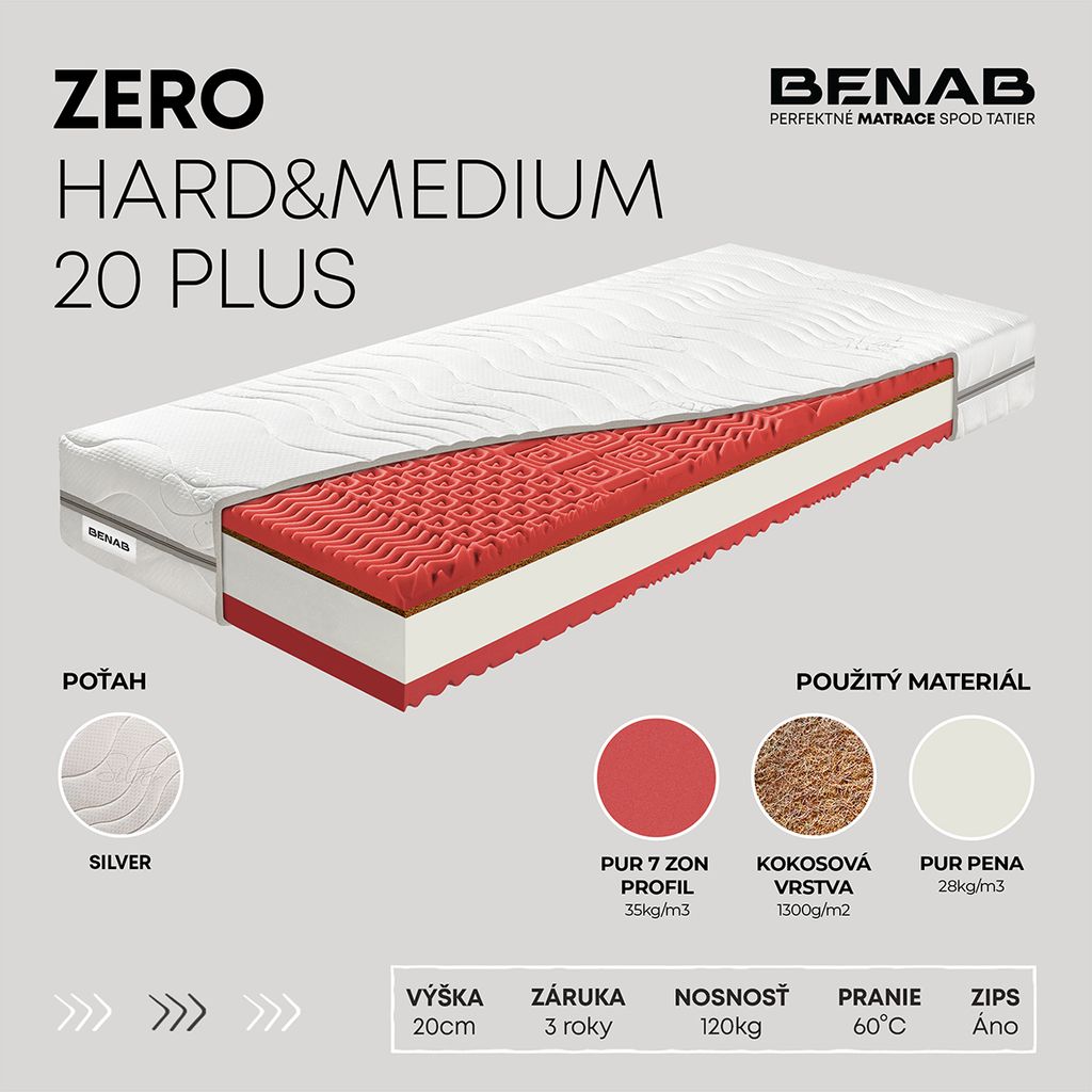 Schaummatratze Benab Zero Hard&Medium 20 Plus Matratze 80 x 195 cm H3 / H5 hart 20 cm hohe Schaummatratzen, Silber, Kokosnuss, PUR, 7 Zonen, Partne...