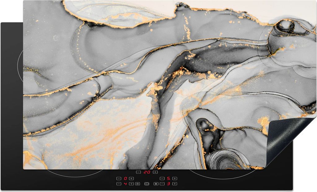 KitchenYeah Herdabdeckplatte Marmor - Gold - Grau , 90x52cm, Küche Deko, Glaskeramikkochfeld Herdabdeckung, Abdeckplatte fùr Kochfeld