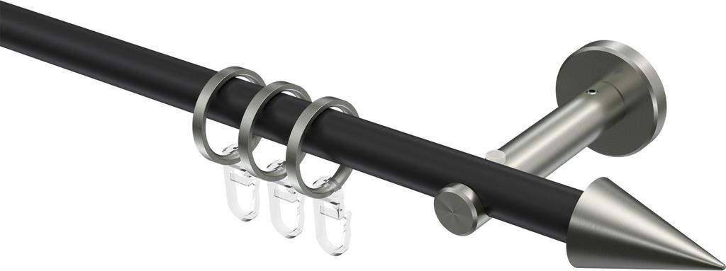 Interdeco Gardinenstange / Vorhangstange Schwarz / Edelstahl-Optik, Typ Medium Scarano (Kegel), 16 mm Ø 1-läufig, 180 cm