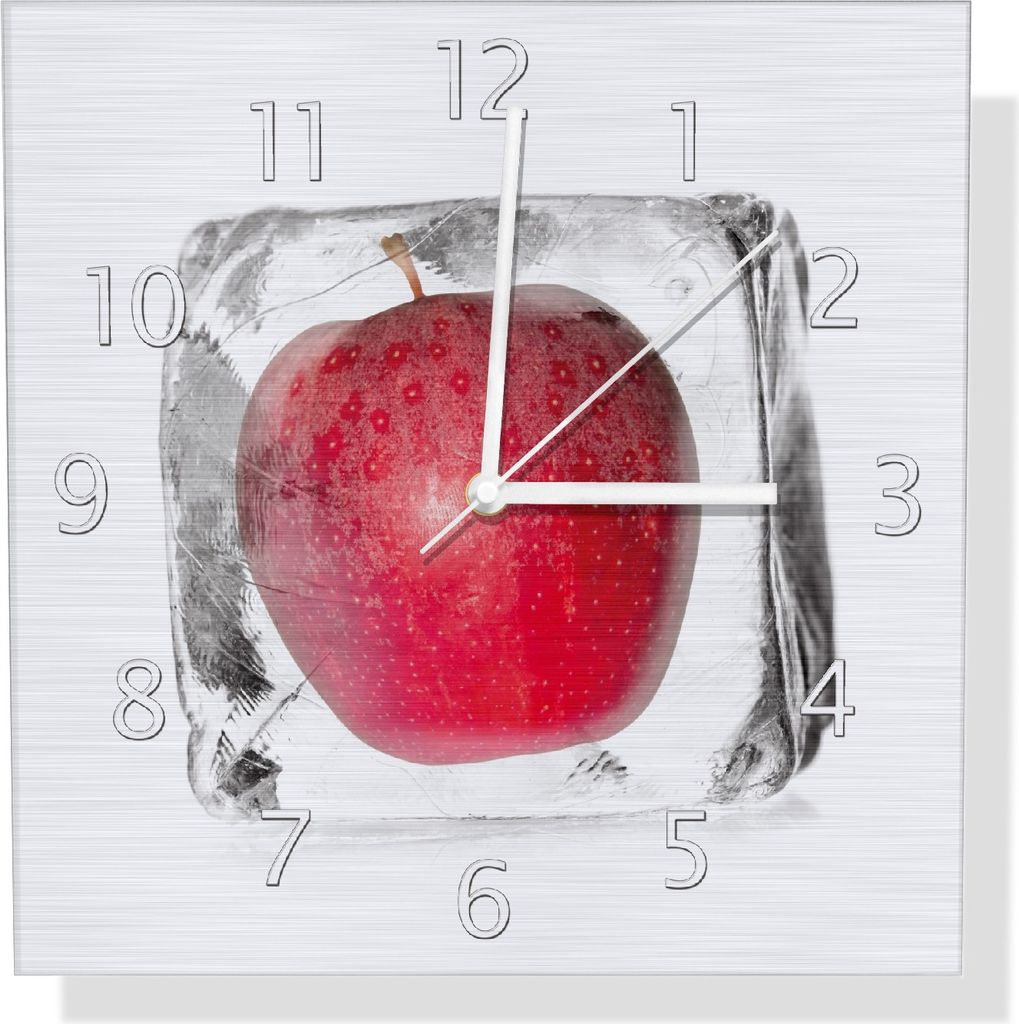Wallario Design Wanduhr Roter Apfel in Eiswürfel - Eiskaltes Obst aus Aluverbund, Größe 30 x 30 cm