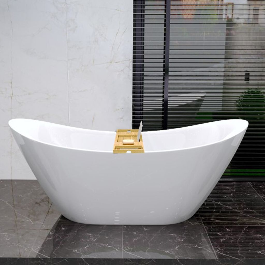 Freistehende Badewanne 180x80 Weiß Modern Exclusive Acryl Ablaufgarnitur VIEGA Click-Clack Gratis + Bambus Badewannenablage | BADLAND IVAR