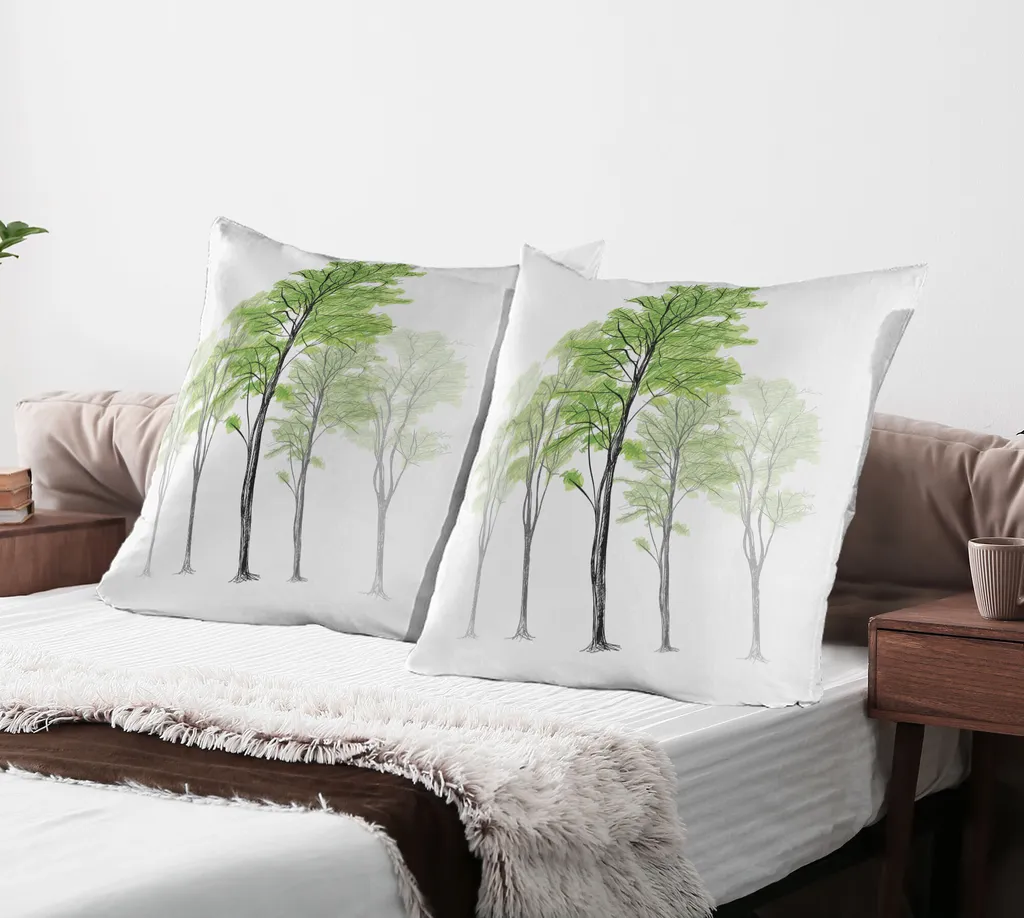 ABAKUHAUS Federa per cuscino Wald Confezione da 2, Sketch Style Tree con foglie verdi Riepilogo Dreamy Springtime Ambiente, Federa per cuscino decorativa stampata, 80x80 cm, Verde Nero Bianco