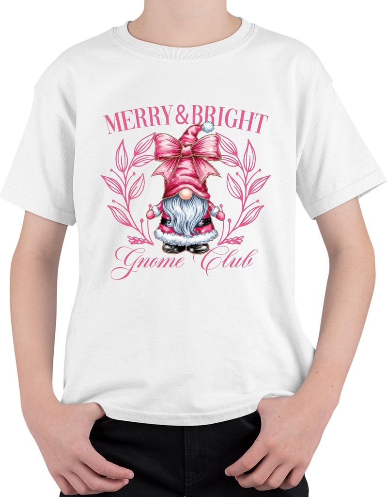 Merry & Bright Gnome Club Rosa - Weihnachten Xmas Christmas Uni Kinder T-Shirt, Weiß, 140