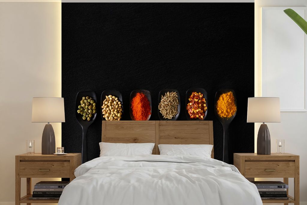 MuchoWow Fototapete für Wohnzimmer oder Schlafzimmer Wandtapete Vinyl Motivtapete Löffel - Gewürze - Schwarz - Gewürze - Rustikal - 280x280 c...