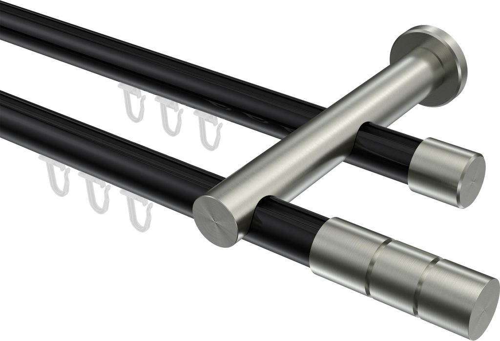 Interdeco Innenlaufstange / Gardinenstange mit Innenlauf Schwarz / Edelstahl-Optik, Typ Platon Elanto (Rillenzylinder), 20 mm Ø 2-läufig, 520 cm