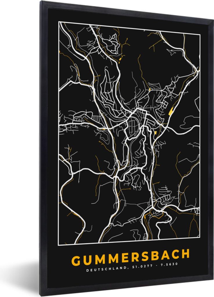 MuchoWow Gerahmtes Poster Gummersbach - Stadtplan - Gold - Karte - Deutschland 60x90 cm - Poster mit Schwarzem Bilderrahmen Wandposter Rahmen Fot...