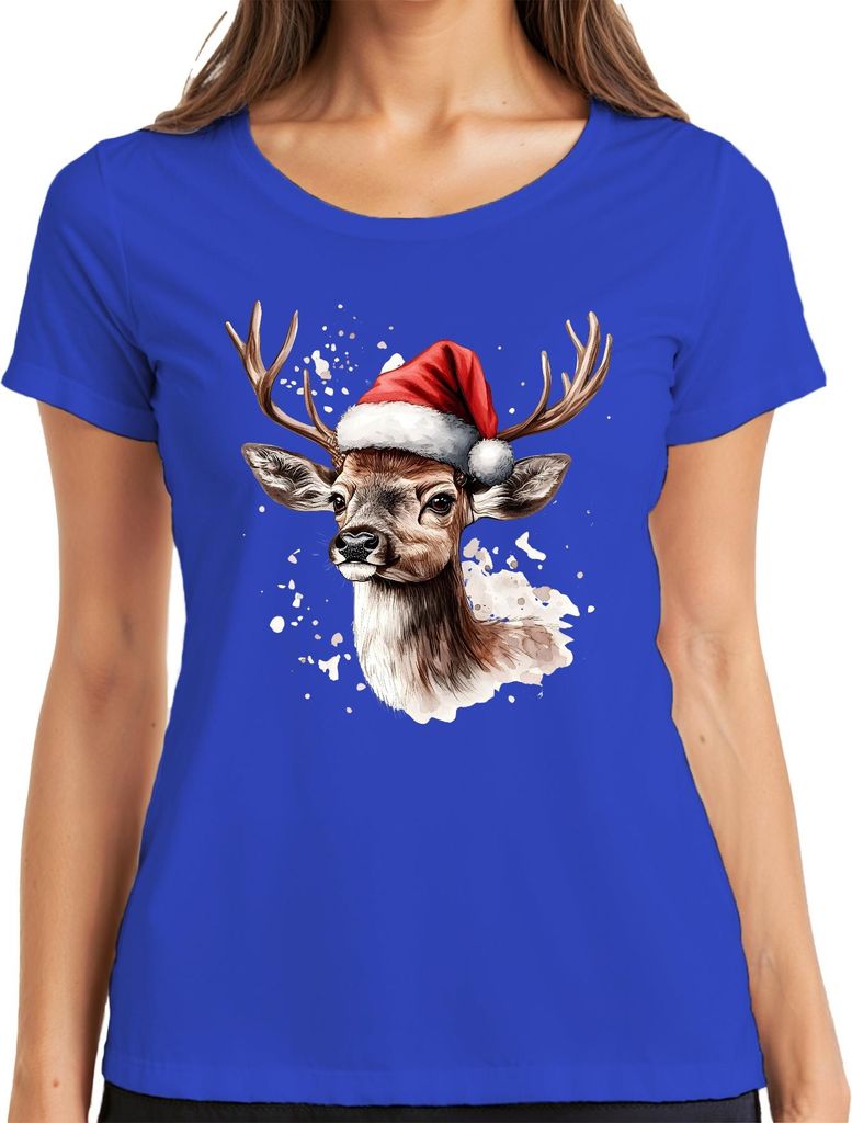 Rentier Geweih Santa Weihnachten Aquarell Spritzer Geschenk Damen T-Shirt, Blau, XL