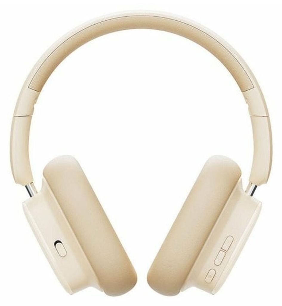 A pair of beige wireless headphones is shown against a white background.