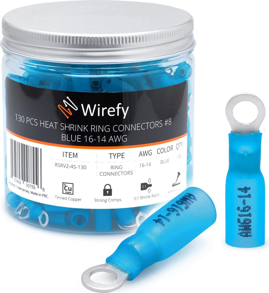 Wirefy Blaue Ringkabelschuhe Schrumpfverbinder M4 - Lötfreie Kabelschuhe Sortiment - Ringkabelschuh Quetschverbinder 1,5-2,5 mm² - 130 Stück