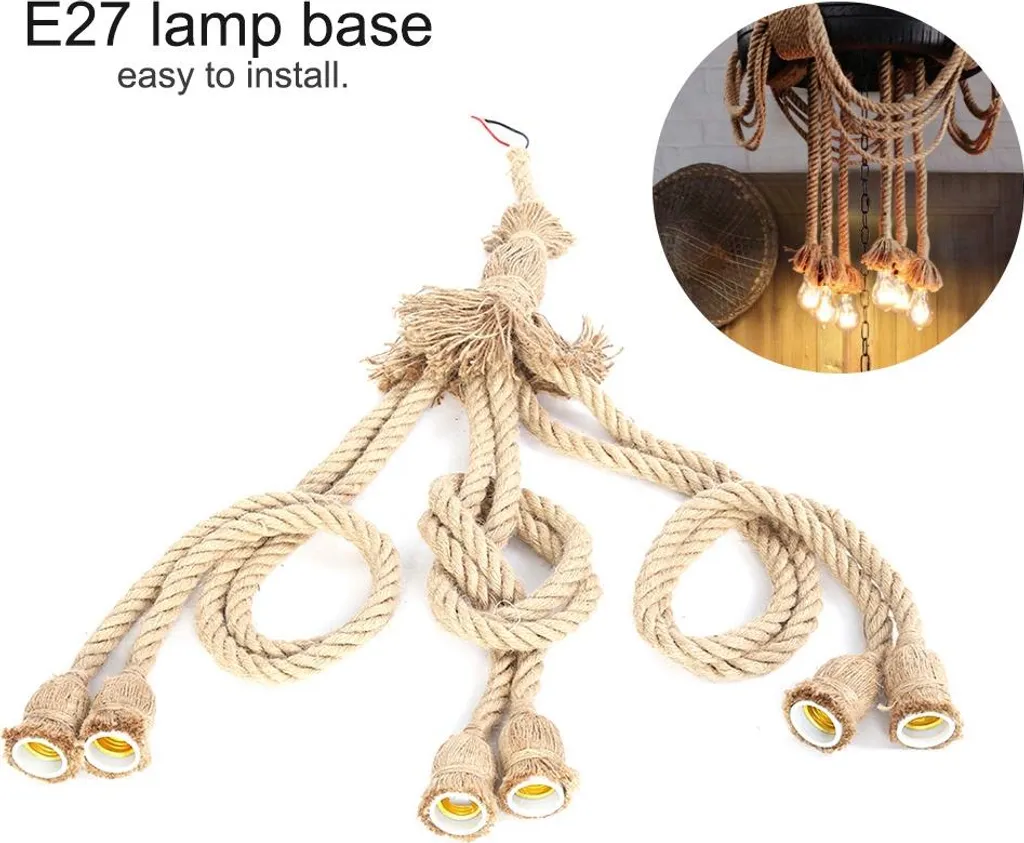 Suspension Luminaire E27 en Corde de Chanvre 1m avec 6 Supports Ampoules