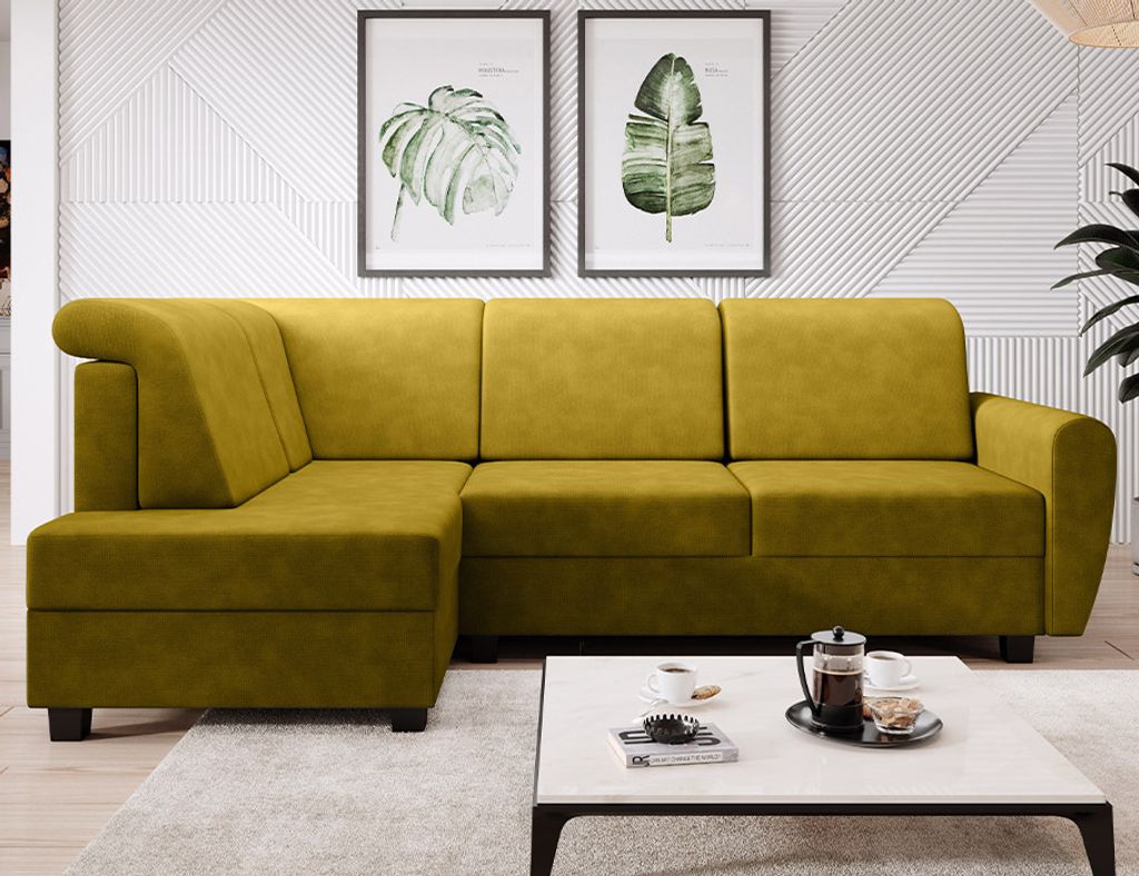 Easy4You Ecksofa MILO L-Form Senf – 235x90x157 cm - Schlafsofa mit Bettkasten und Schlaffunktion - Eckcouch mit Stauraum – Links – Stoff Soro 40