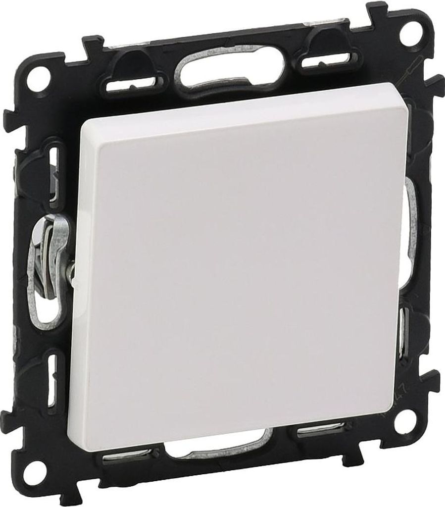 A close-up of a white light switch with its black mounting frame.