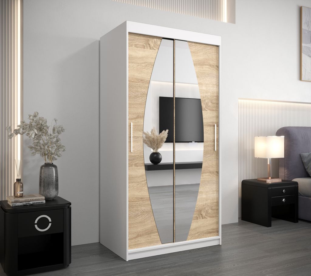 Kleiderschrank mit Spiegeln TAMARA – Breite 100 cm, weiß / Eiche sonoma