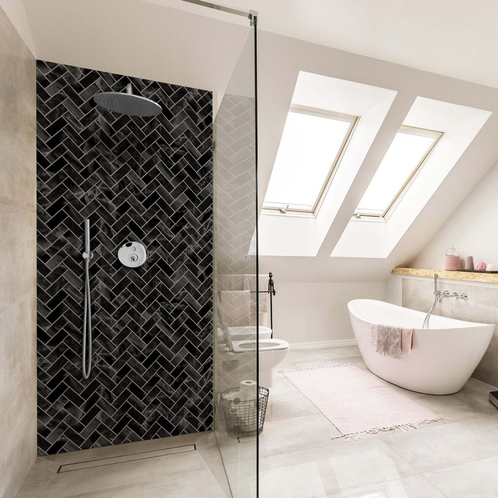 Duschrückwand mit Motiv selbstklebend - 0.35 mm Wandpaneel wasserfest Design schwarz Fliesenoptik Badrückwand fugenlos Smart matt 90x210 cm