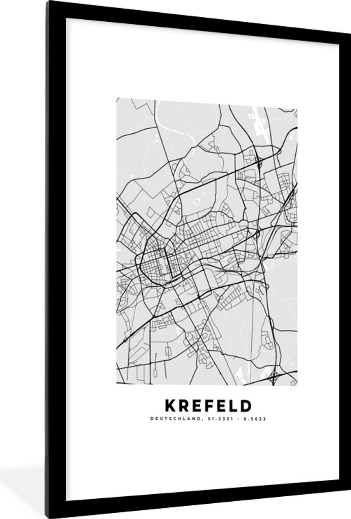 MuchoWow Gerahmtes Poster Deutschland- Krefeld - Stadtplan - Karte 60x90 cm - Poster mit Schwarzem Bilderrahmen Wandposter Rahmen Foto Bilder - D...