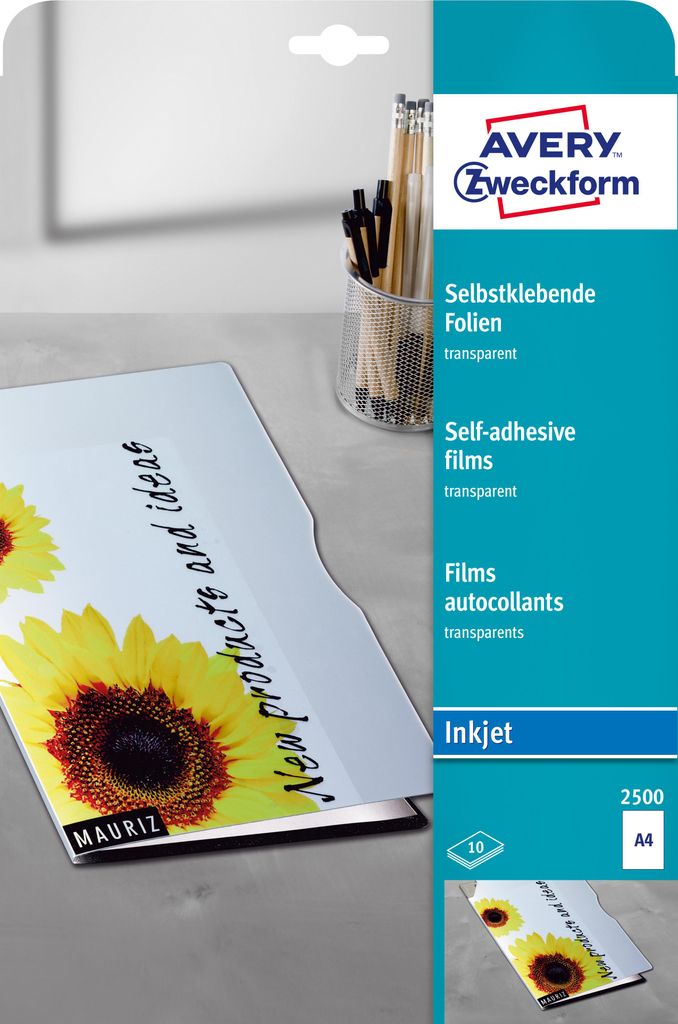 Avery Zweckform 2500, Transparente, selbstklebende Folien, Produktbild 