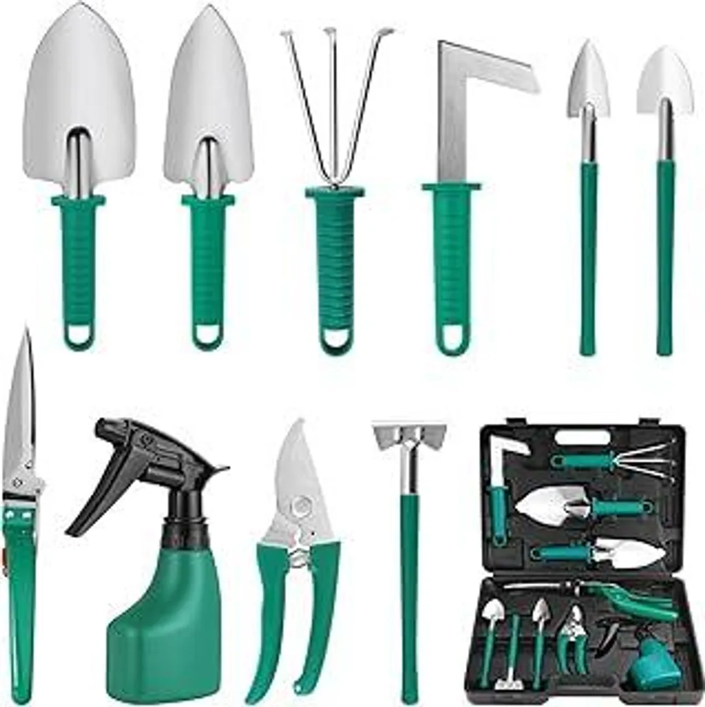 Kit Giardinaggio 10 Pezzi con Valigetta | Attrezzi Acciaio Inox Verde