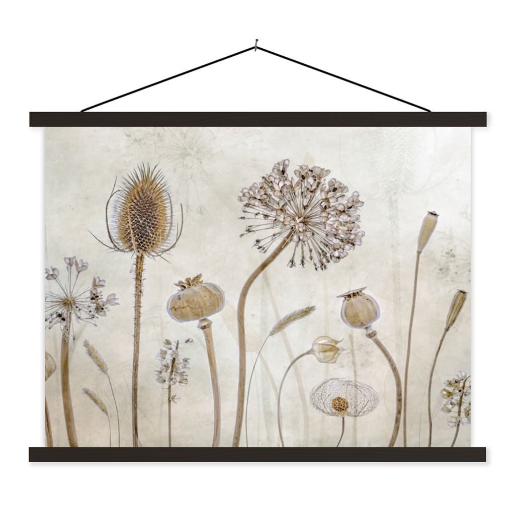 MuchoWow Textilposter Blumen - Aquarell - Stilleben - Braun - Vintage 150x113 cm mit schwarzem Rahmen - Wohnzimmer