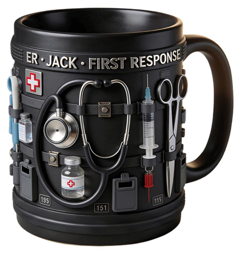Personalisierte Tasse mit medizinischem Motiv: ER Jack First Response 3D-Tasse mit medizinischen Werkzeugen, schwarze Keramik-Kaffeetasse für Ärz...