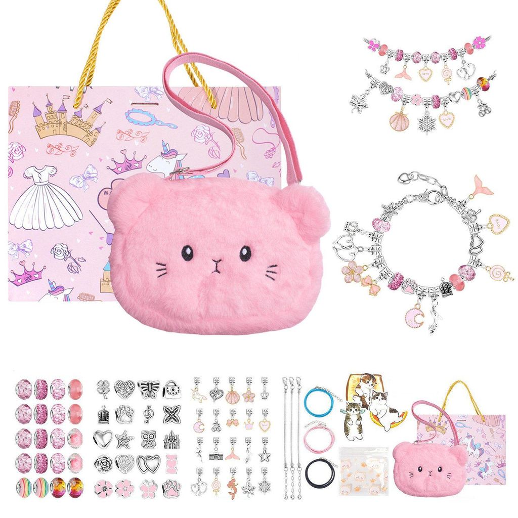 DIY Schmuck Basteln Mädchen, Schmuck Selber Machen Set, Armbänder Selber mit Umhängetasche, Rosa