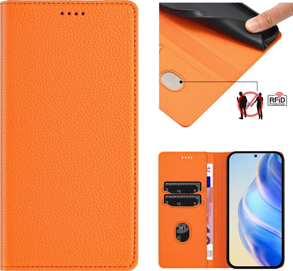 Cover Elegante Realme 10 Pro+ in Pelle Arancione con Slot Carte e Stand - 6