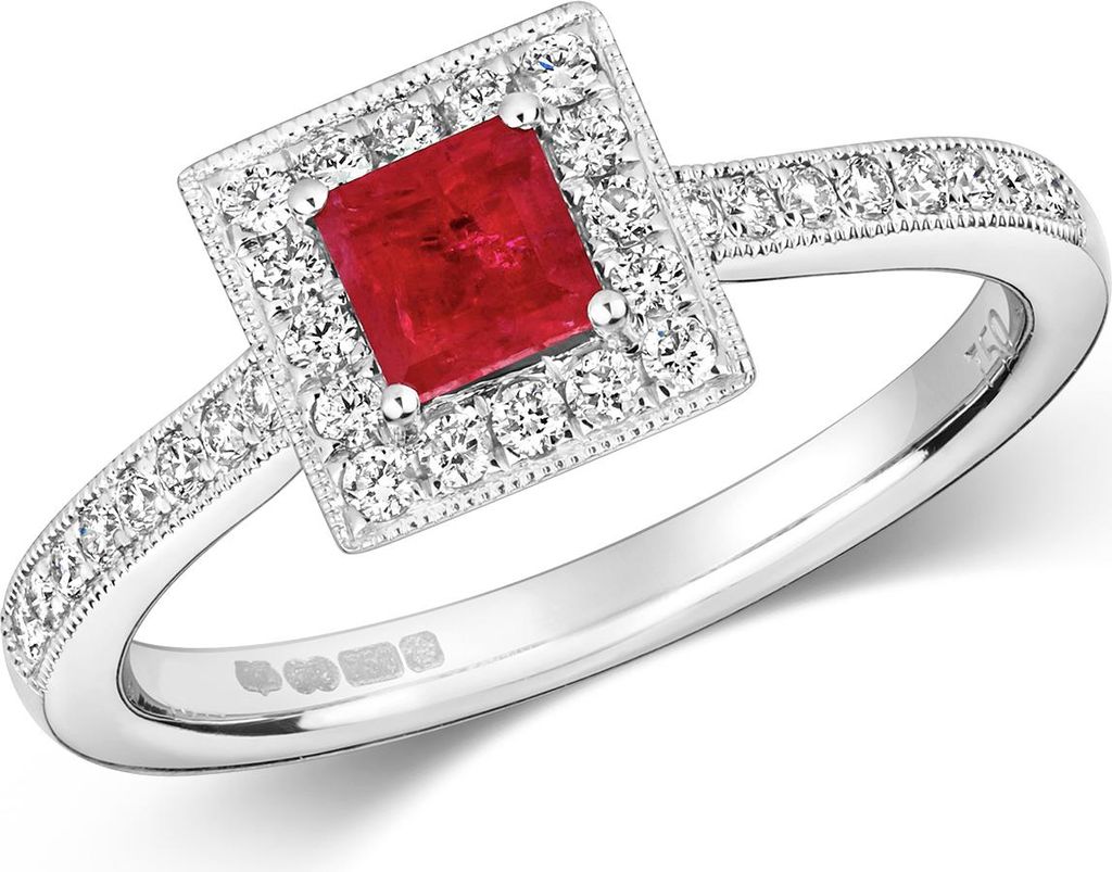 Moderner 18 Karat (750) Weißgold Cluster Damen - Diamant Ring Brillant-Schliff 0.25 Karat HI - SI mit Rubin, 54 (17.2); TRS2364RSN