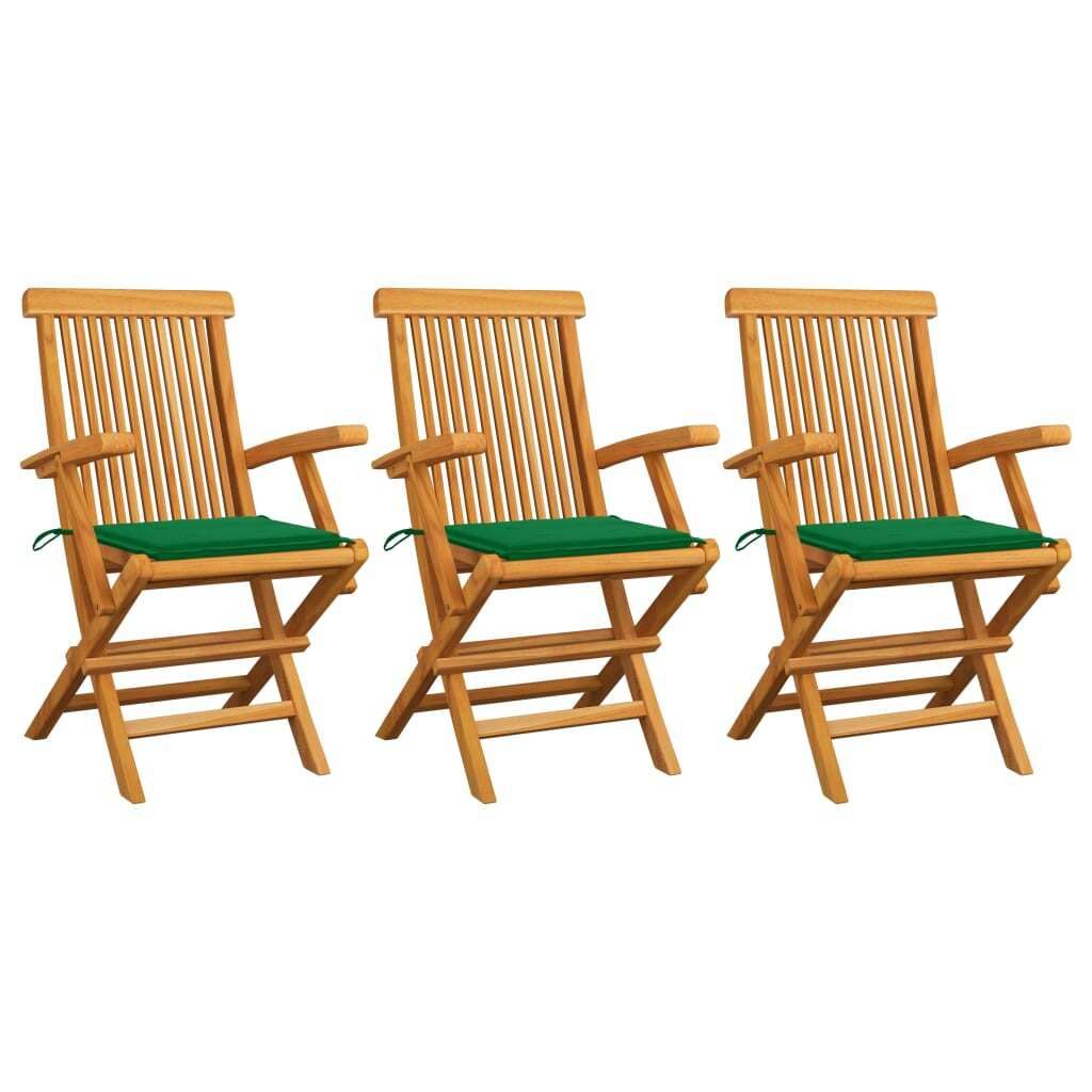 The Living Store Gartenstühle mit Grünen Kissen 3 Stk. Massivholz Teak
