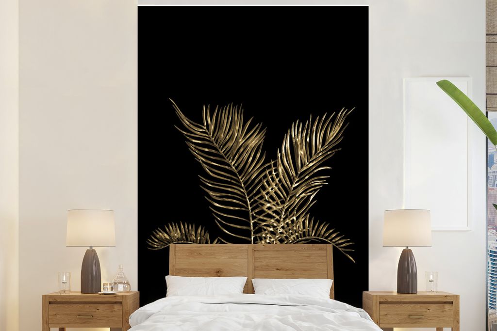 MuchoWow Fototapete für Wohnzimmer oder Schlafzimmer Wandtapete Vinyl Motivtapete Blätter - Schwarz - Gold - 195x300 cm - Das Hintergrundbild