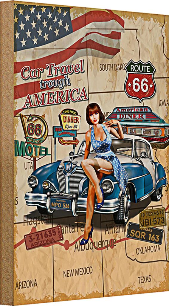 Holzschild Retro 20x30cm Pinup Car Travel trough America