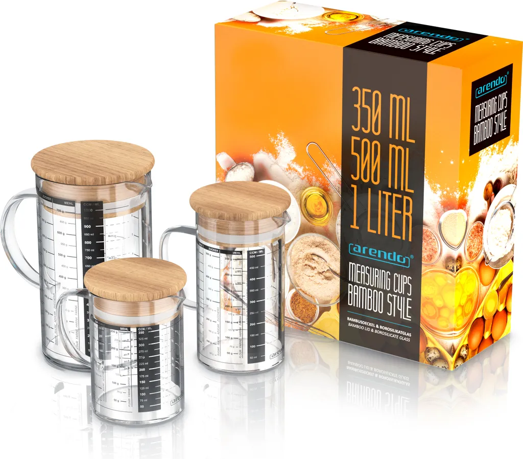 Arendo - Set di caraffe in vetro - misure 350ml, 500ml, 1000ml (0,35l 0,5l 1l) - caraffa dosatrice in vetro - vetro borosilicato - scala precisa - resistente al calore - contenitore in vetro con coperchio in bambù - guarnizione in silicone - 7