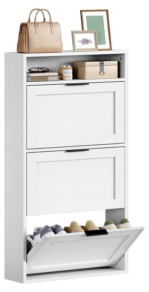 Schuhschrank mit 3 Klappen, schmales Schuhregal mit Stauraum für 6-9 Paar Schuhe, geeignet für Wohnzimmer, Eingangsbereich, Flur, Balkon, Weiß
