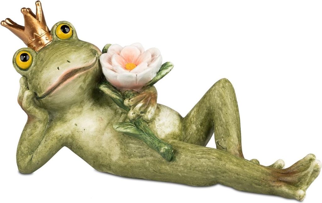 Dekofigur Froschkönig liegend mit Blumen L. 32cm grün aus Kunststein Formano S26
