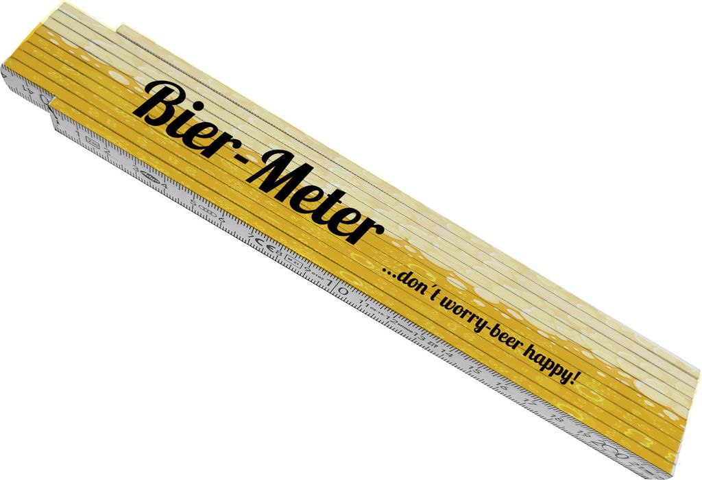 Bier-Meter don ́t worry- beer happy! Meterstab aus Holz mit Bier Hintergrund