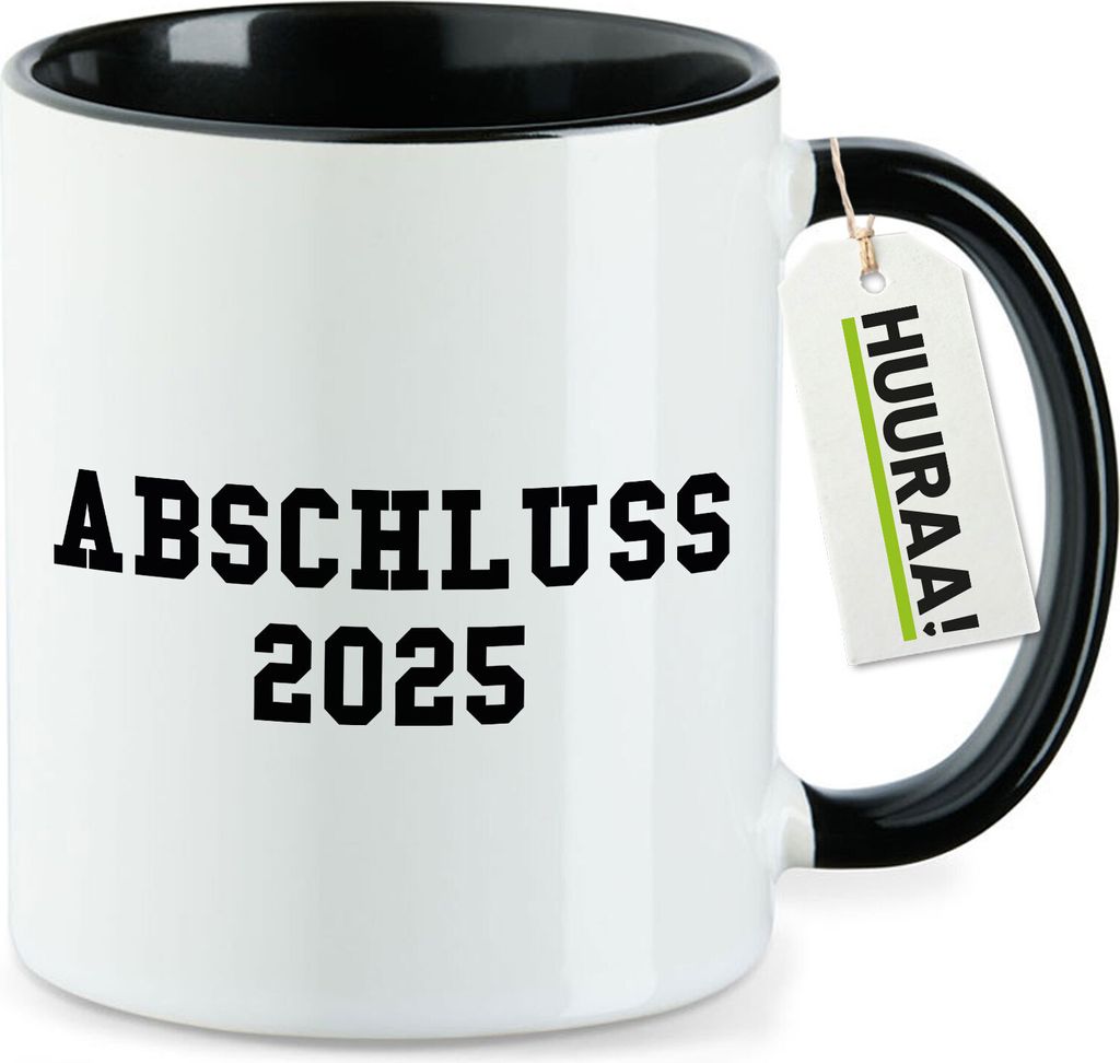 Huuraa Kaffeetasse Abschluss 2025 Schulabschluss 330ml Schwarz Keramik Kaffeebecher Geschenkidee