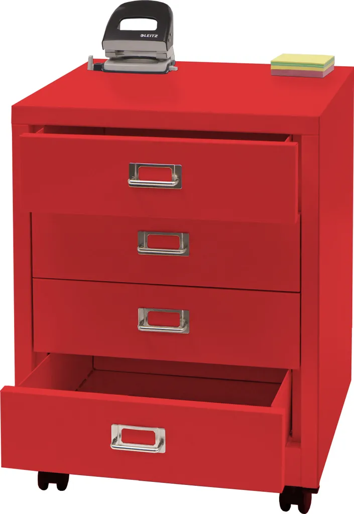 Cassettiera Ufficio HWC-L49 Rossa in Acciaio 4 Cassetti su Ruote 55x40x41cm