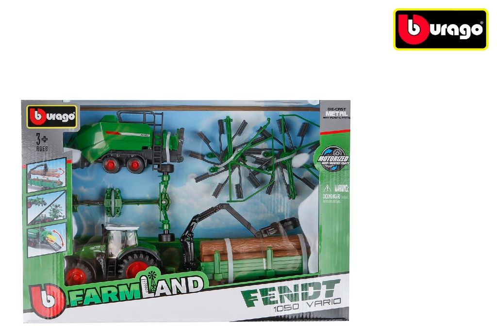 Bburago Fendt Traktor Spielzeug mit 3 Anhängern Friktion