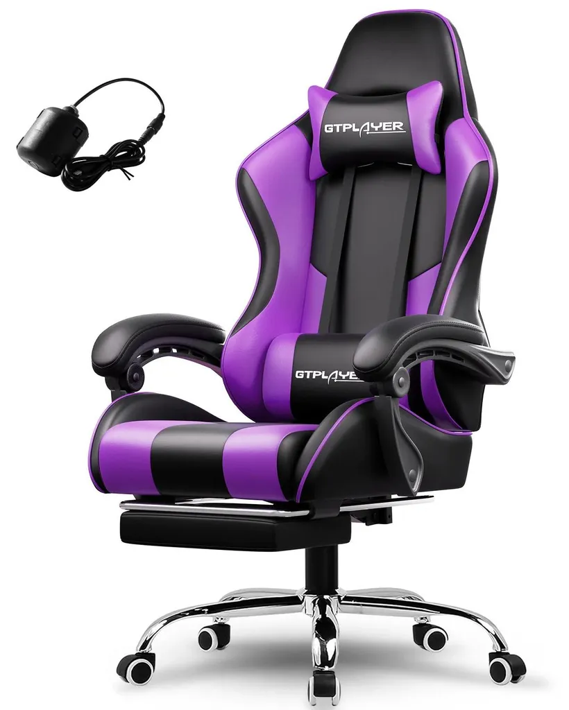 Siège de bureau ergonomique GT800A pivotant en cuir violet et massage