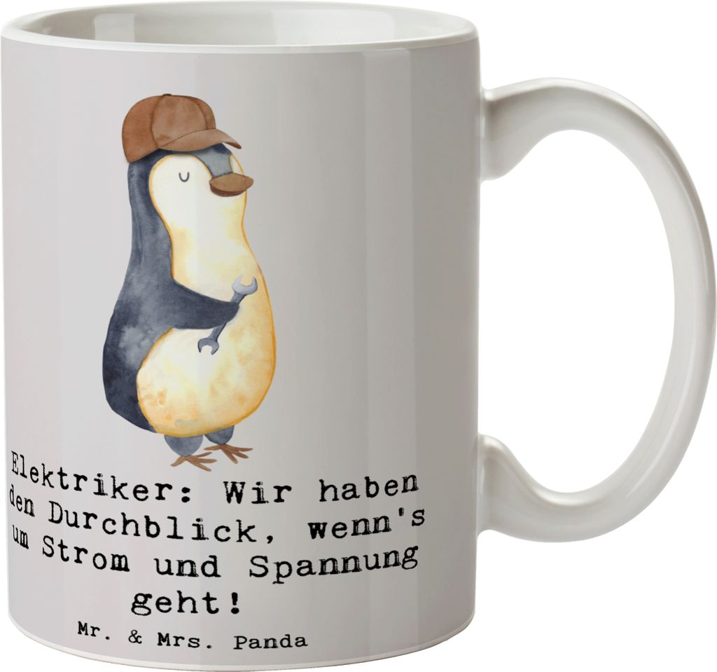 Mr. & Mrs. Panda Trinkbecher Elektriker Durchblick - Grau Pastell - Geschenk, Berufe, Elektrotechnik Beruf, Spannung, Becher, Kaffeebecher, Teebech...