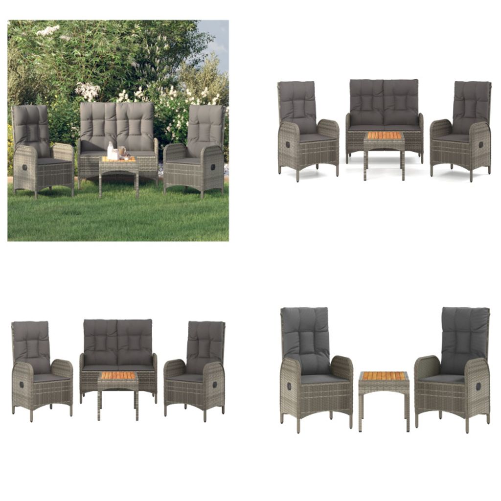 vidaXL 4 tlg. Garten Essgruppe mit Kissen Grau Poly Rattan - Garten Essgruppe - Garten Essgruppen - Essgruppe - Essgruppe Terrasse