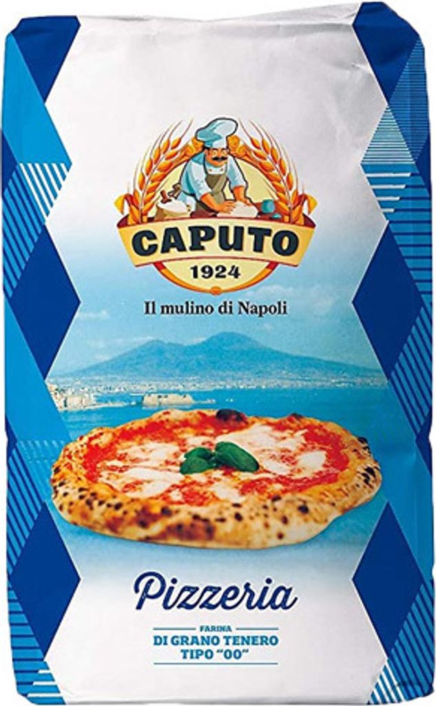 A bag of Caputo Pizzeria flour with an image of Mount Vesuvius and a pizza.