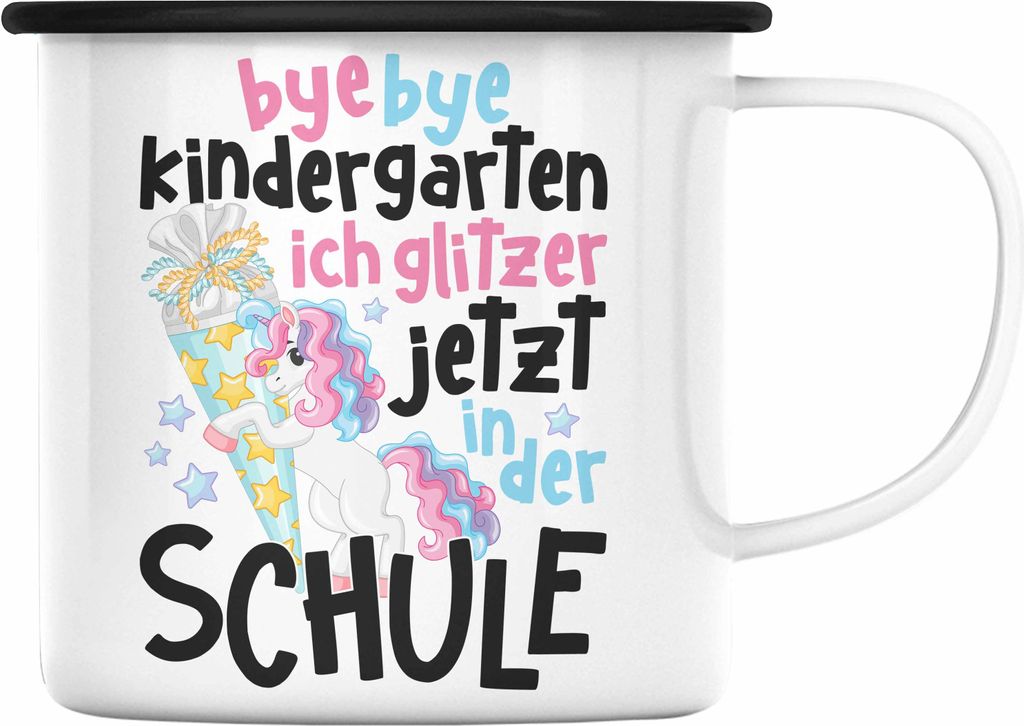 Trendation - Bye Bye Kindergarten Einschulung Mädchen Geschenk Emaille Tasse Schulstart 1. Schultag Schuleinführung Schulanfang Geschenkidee 2022...
