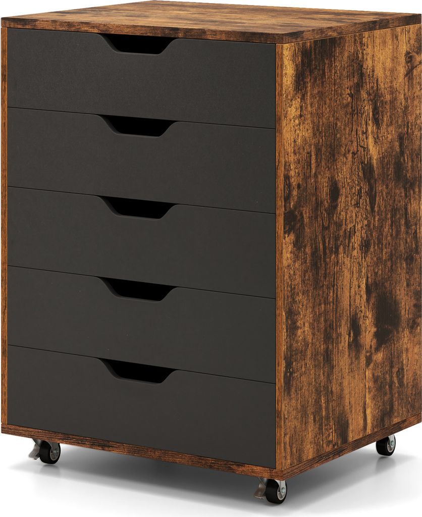 COSTWAY 5-Schubladen-Kommode, Rollender Aufbewahrungsschrank mit arretierbaren Rollen, Untertisch-Aktenregal, Holz-Druckerständer 49 x 40 x 64,5cm