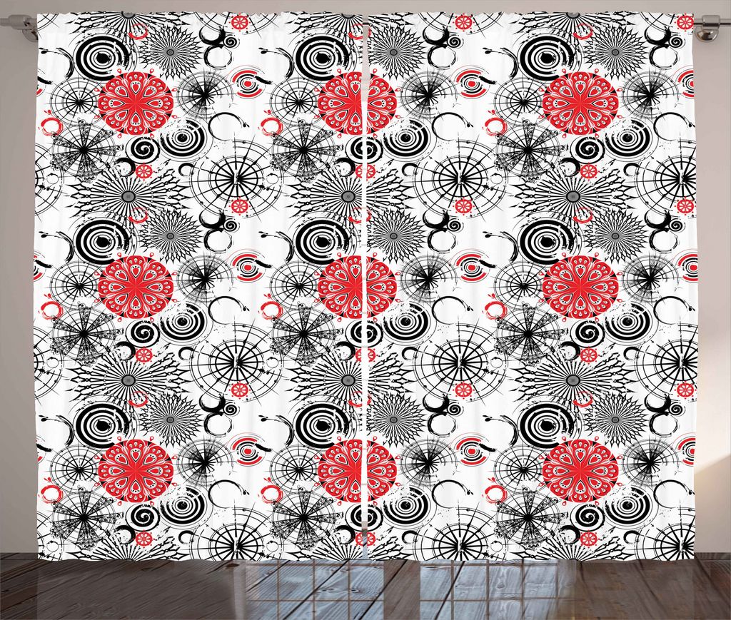 ABAKUHAUS Grunge Rustikaler Gardine, Mandala-Runden Künstlerisch, Schlafzimmer Kräuselband Vorhang mit Schlaufen und Haken, 280 x 225 cm, Zinnobe...