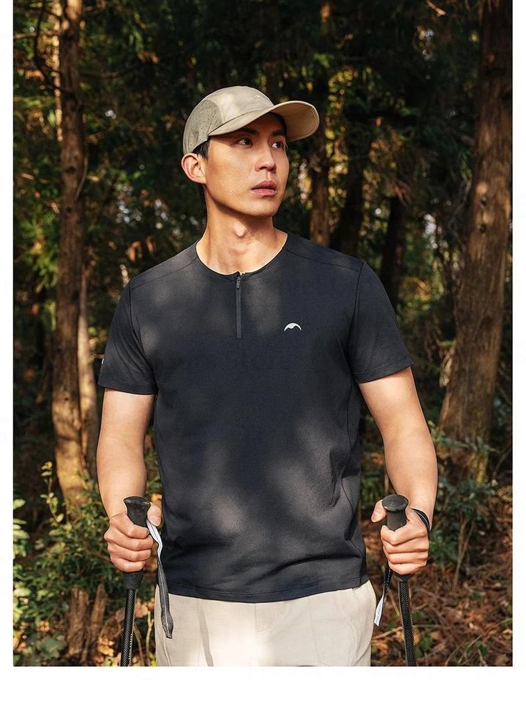 Herren T-Shirt - Kurzarm Funktionsshirt - Schnell Trocknend - Atmungsaktiv - Halbknopfleiste - Sonnenschutz Für Wandern Fitness - Schwarz XXL