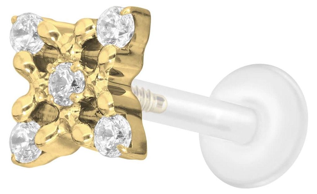 Ohrpiercing, Nasenpiercing PTFE Labret mit Innengewinde + Titan-Aufsatz KRISTALLBLUME Gold Stablänge: 10mm | Stabstärke: 1,2mm