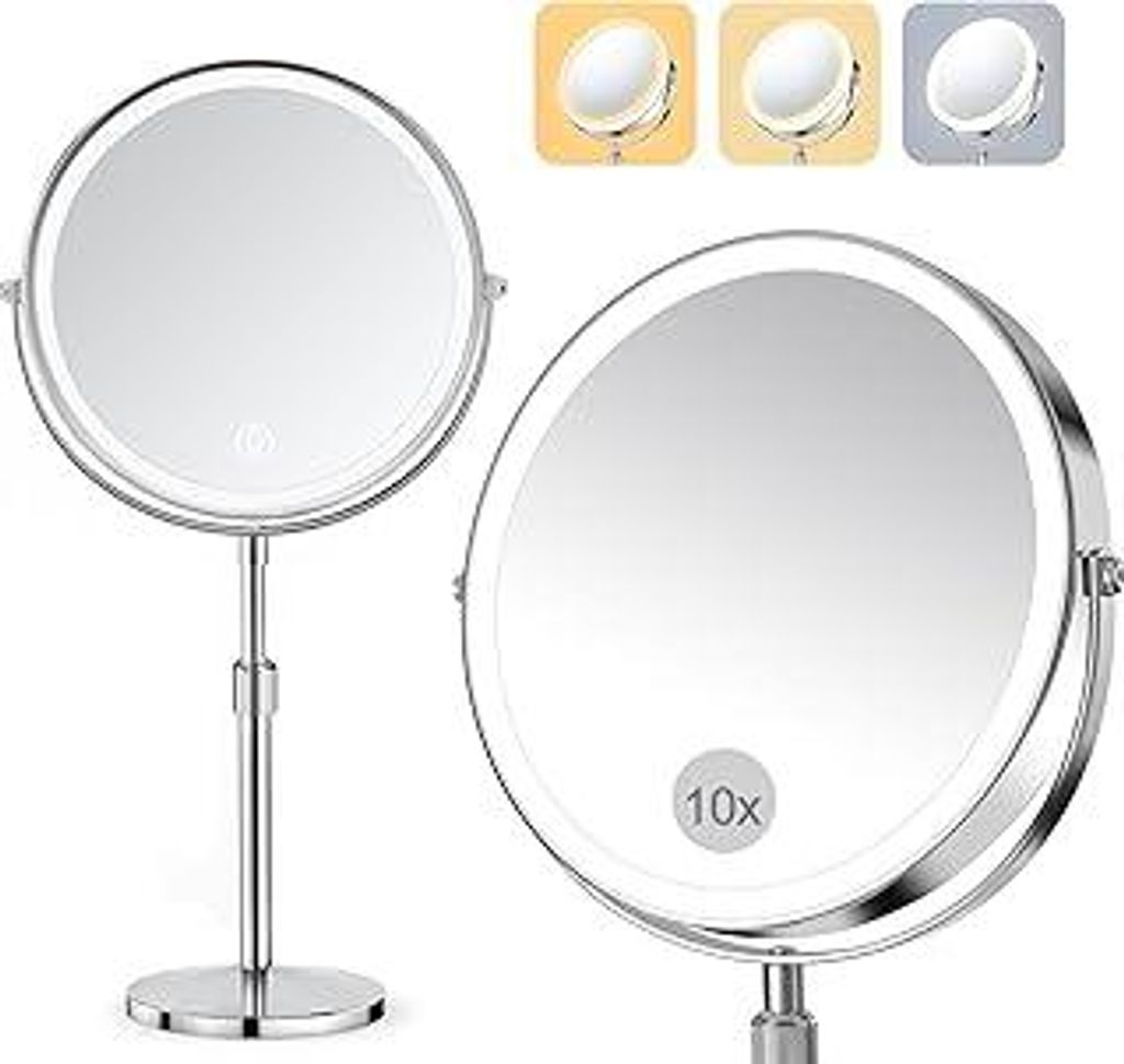 SURFOU 8-Zoll Kosmetikspiegel mit Beleuchtung, 10X/1X Vergrößerungsspiegel Doppelseitig - 360° Drehbarer & Abnehmbarer Tischspiegel für Makeup,...