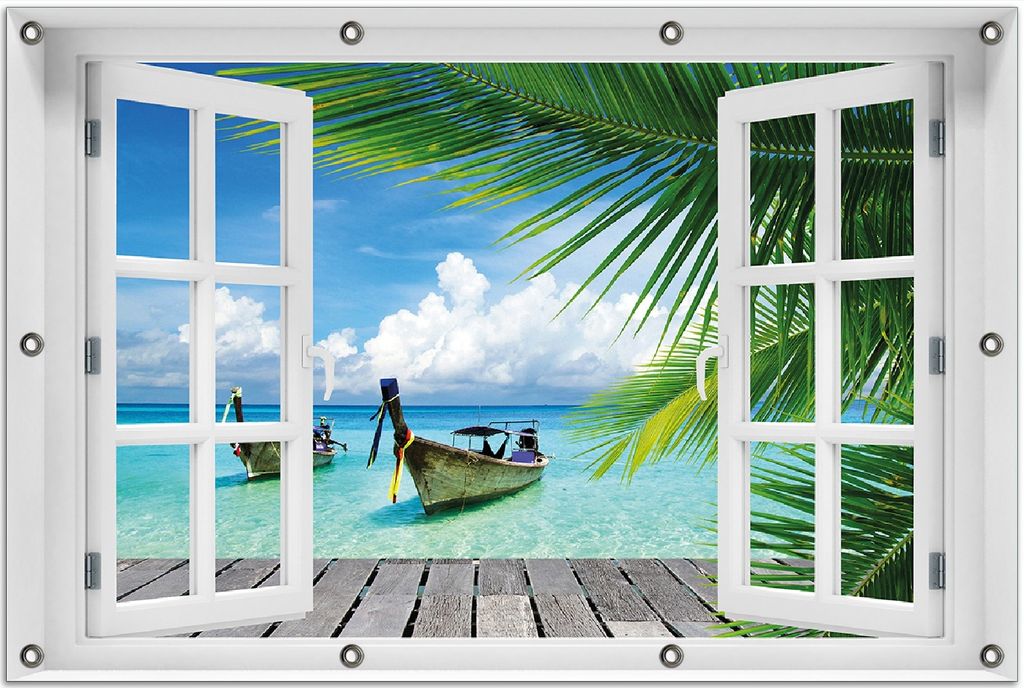 Wallario Outdoor-Poster für Garten oder Balkon 80 x 120 cm: Sonnenboot in der Karibik