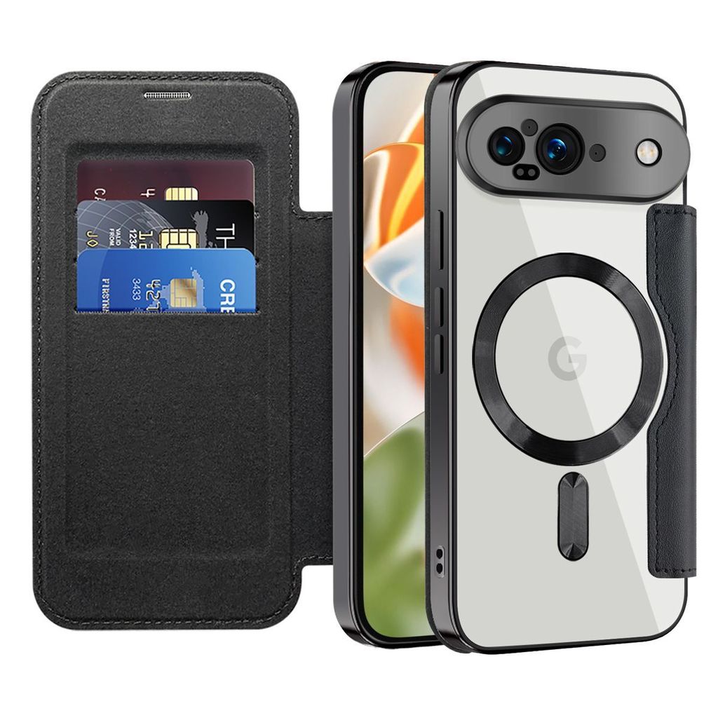 Klapphülle für Google Pixel 10 Kompatibel mit Magsafe, Klar Überzug Kartenhalter Ledertasche mit Kameraschutz Schwarz