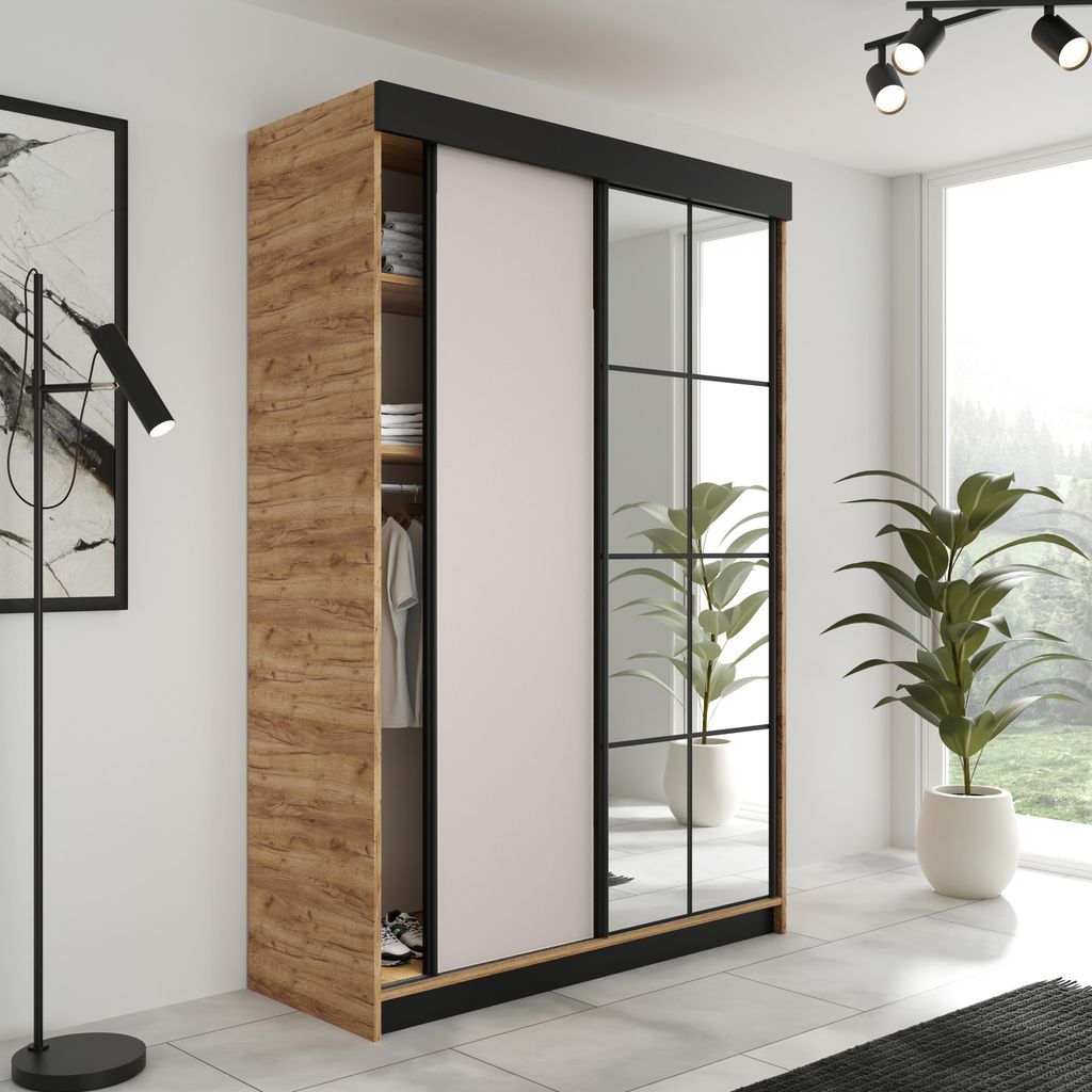 FurMeb24 2-türiger Schiebetürenschrank LAMER 138x205 cm Kleiderschrank mit Spiegel (Goldene Eiche + Kaschmir)